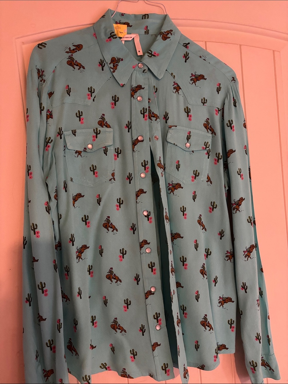 Turquoise Western Rodeo Print Blouse - Picture 2 of 3